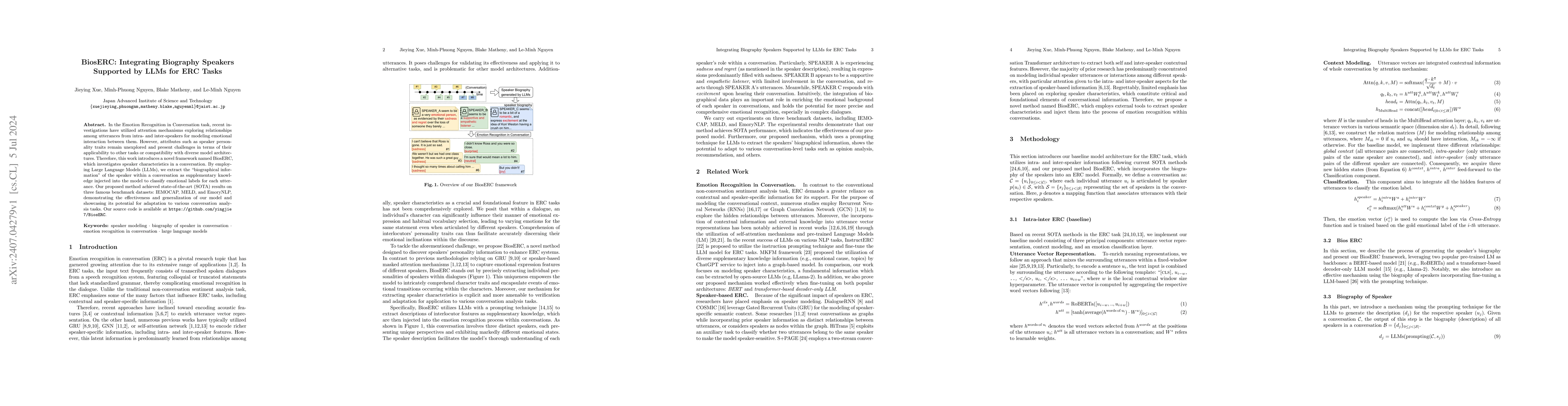 Thumbnail for BiosERC: Integrating Biography Speakers Supported by LLMs for ERC Tasks