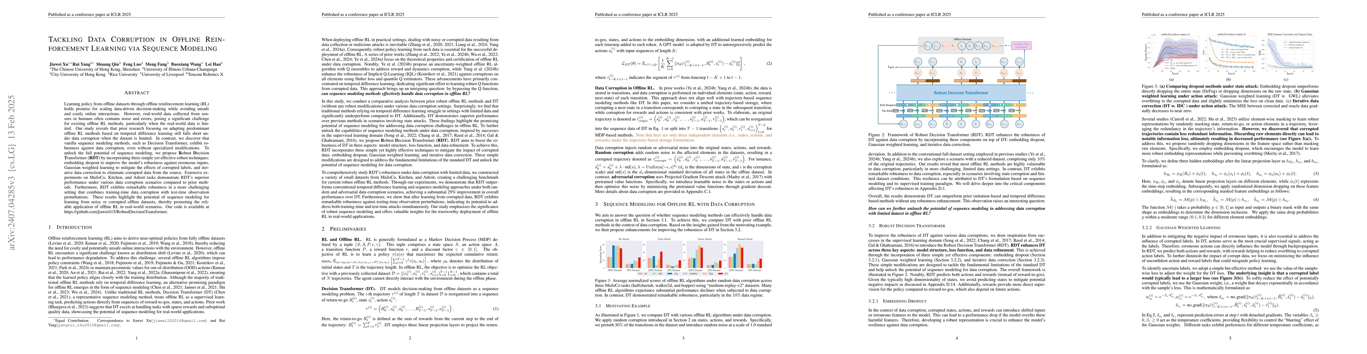 Thumbnail for Robust Decision Transformer: Tackling Data Corruption in Offline RL via
  Sequence Modeling