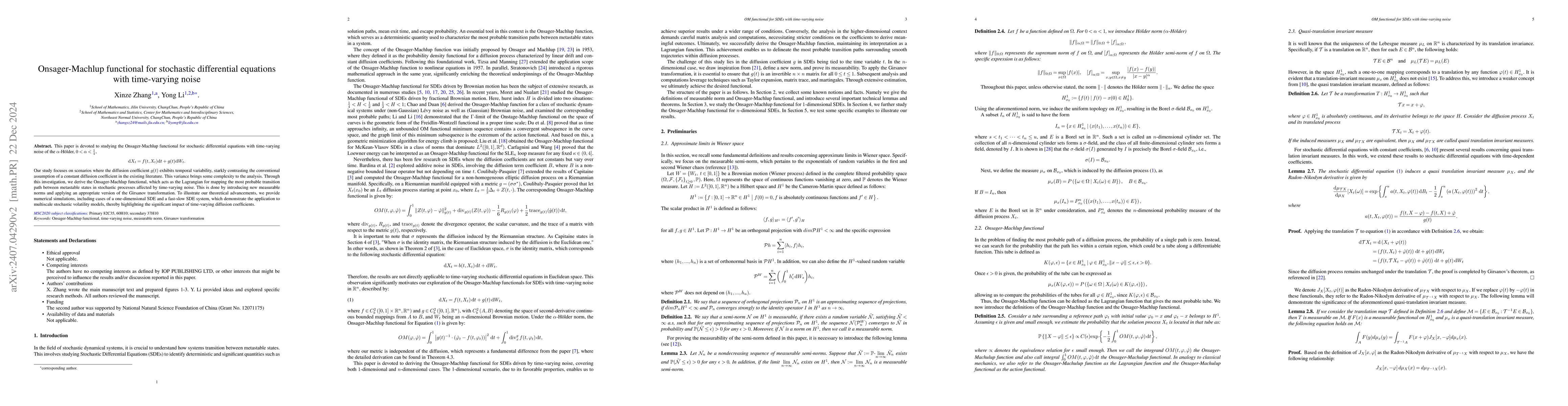 Thumbnail for Onsager-Machlup functional for stochastic differential equations with
  time-varying noise