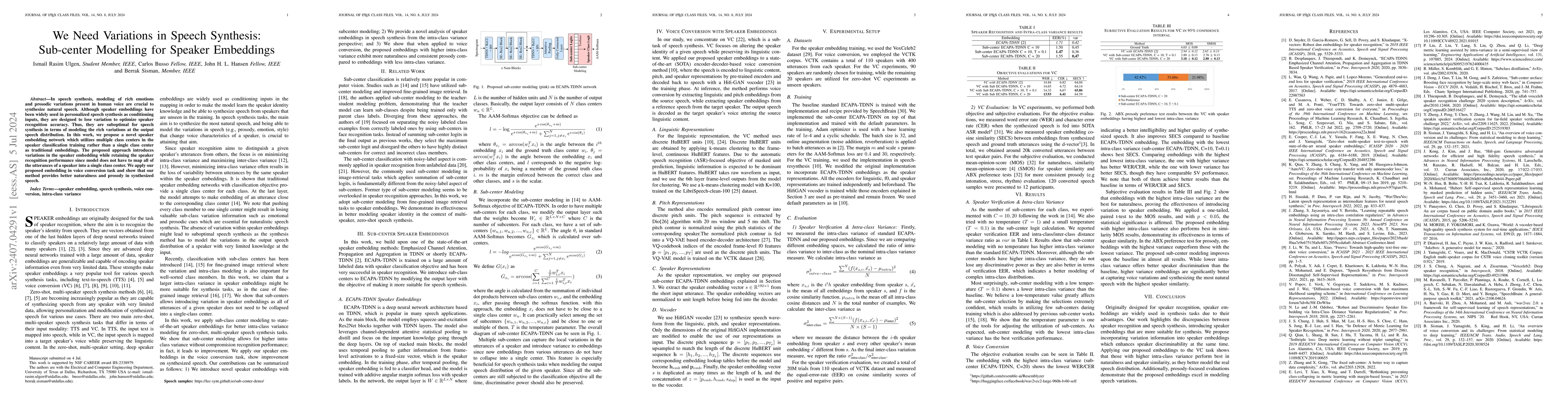 Thumbnail for We Need Variations in Speech Synthesis: Sub-center Modelling for Speaker
  Embeddings