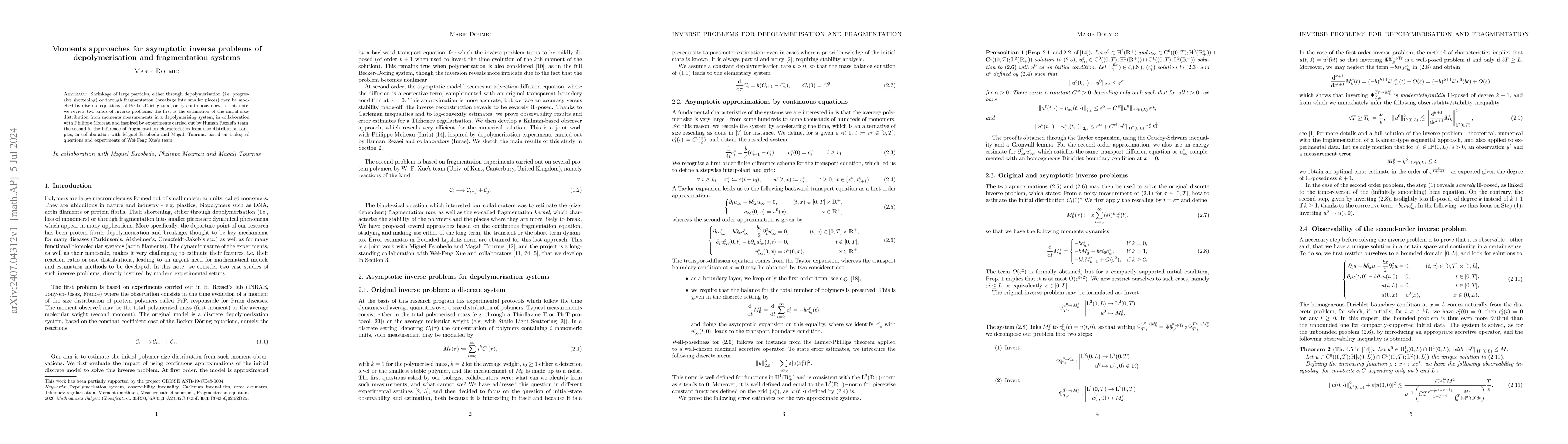 Thumbnail for Moments approaches for asymptotic inverse problems of depolymerisation
  and fragmentation systems