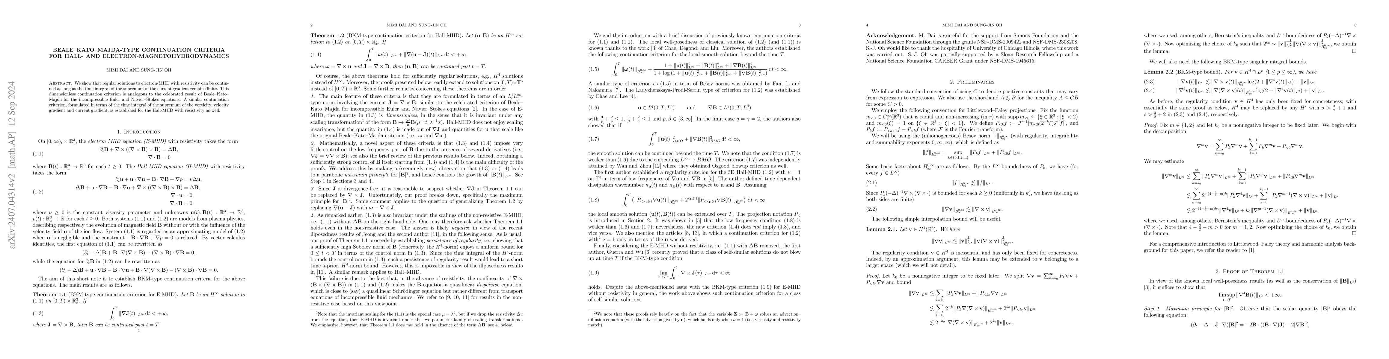 Thumbnail for Beale--Kato--Majda-type continuation criteria for Hall- and
  electron-magnetohydrodynamics