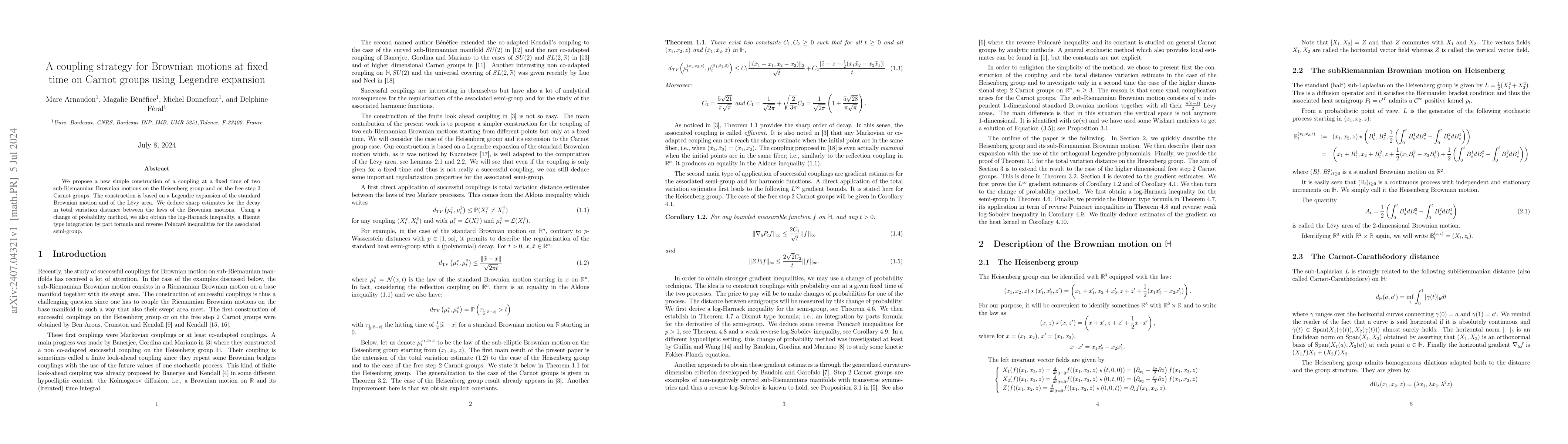 Thumbnail for A coupling strategy for Brownian motions at fixed time on Carnot groups
  using Legendre expansion