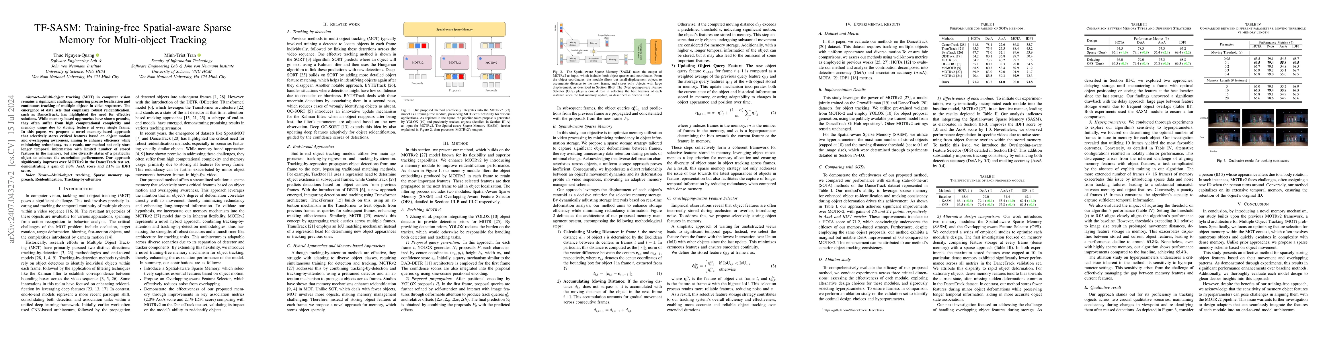Thumbnail for TF-SASM: Training-free Spatial-aware Sparse Memory for Multi-object
  Tracking