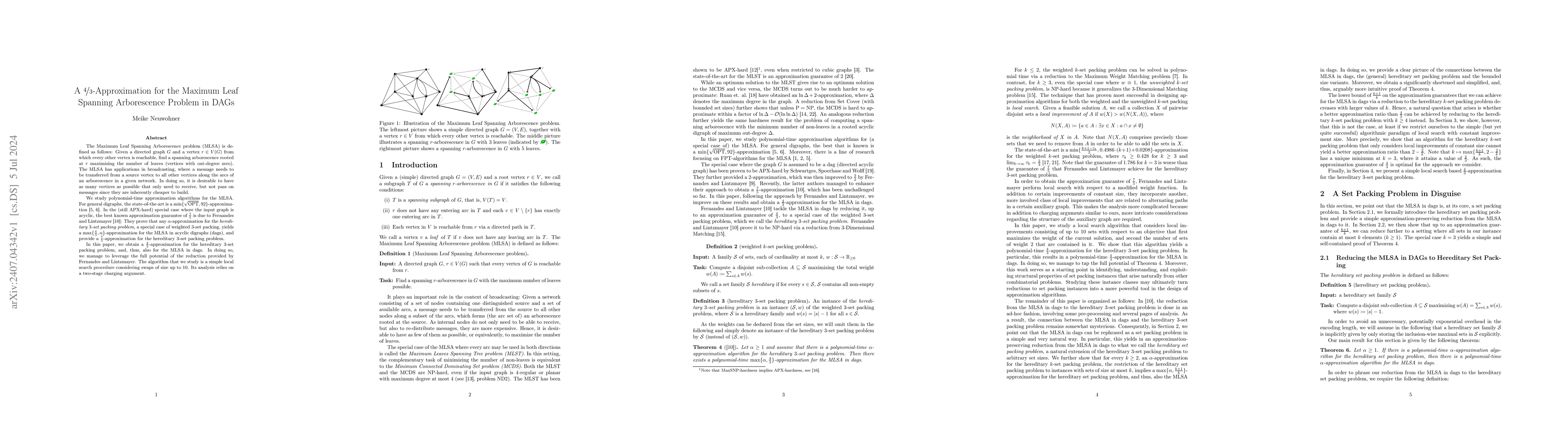 Thumbnail for A $\frac{4}{3}$-Approximation for the Maximum Leaf Spanning Arborescence
  Problem in DAGs