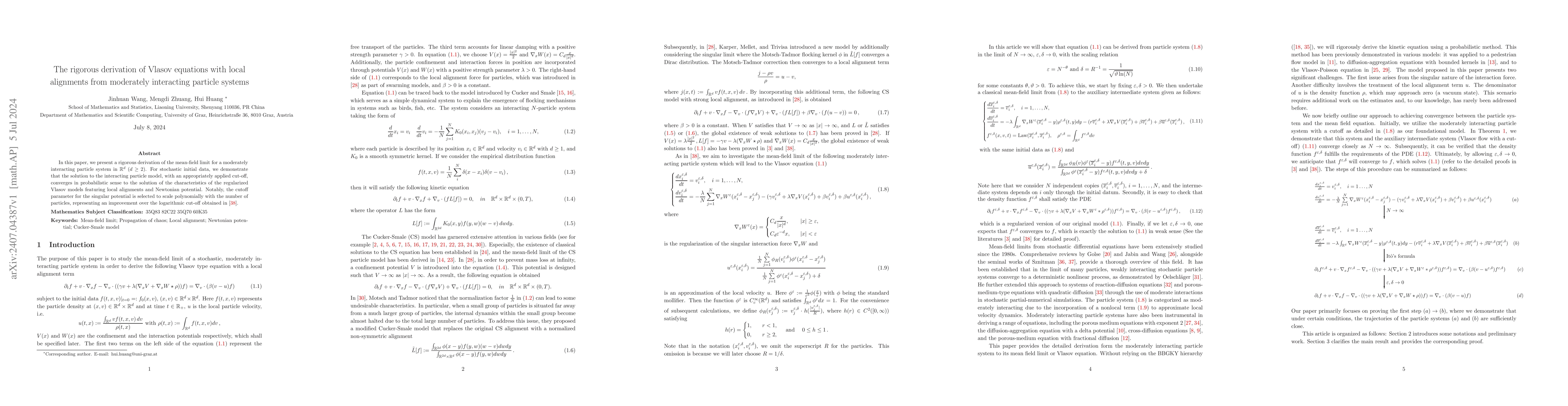 Thumbnail for The rigorous derivation of Vlasov equations with local alignments from
  moderately interacting particle systems