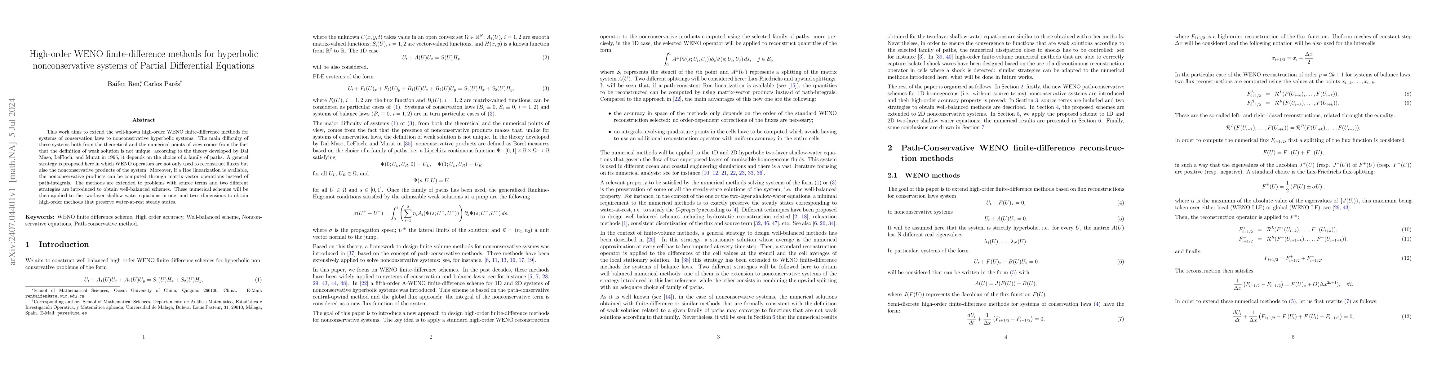 Thumbnail for High-order WENO finite-difference methods for hyperbolic nonconservative
  systems of Partial Differential Equations