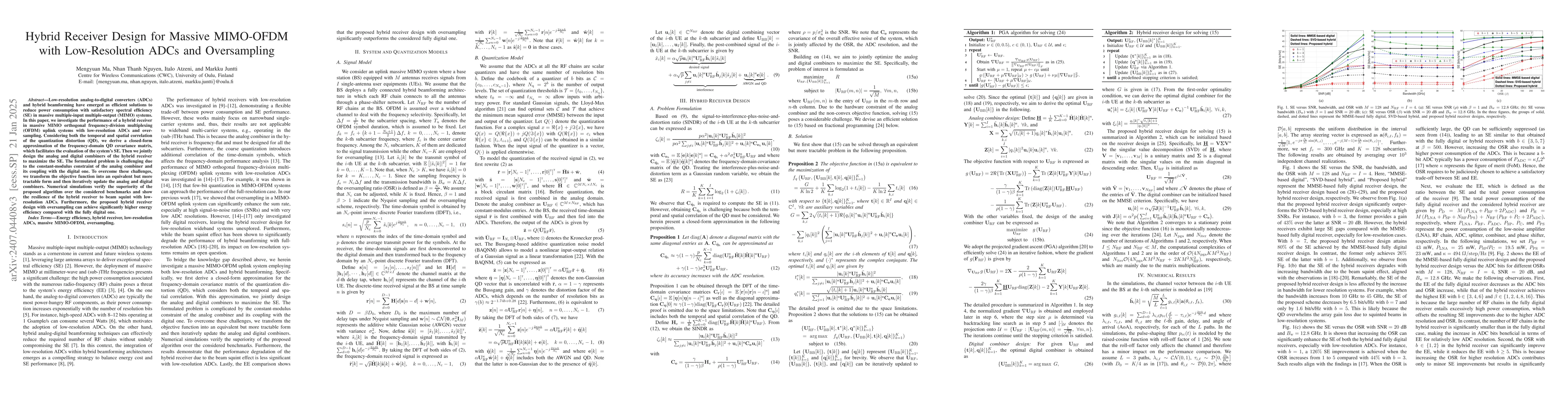 Thumbnail for Hybrid Receiver Design for Massive MIMO-OFDM with Low-Resolution ADCs
  and Oversampling