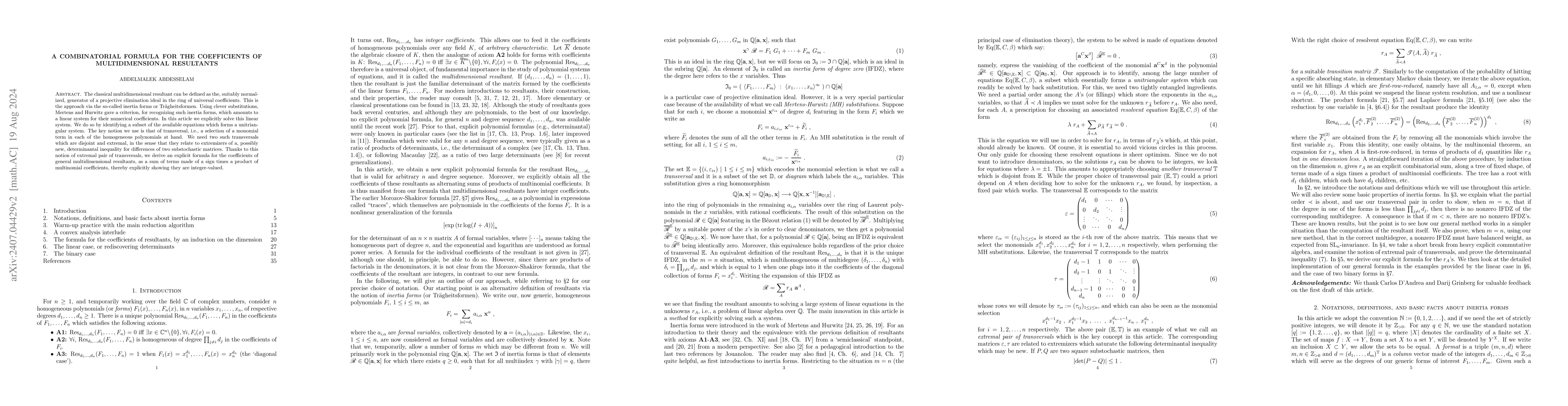Thumbnail for A combinatorial formula for the coefficients of multidimensional
  resultants