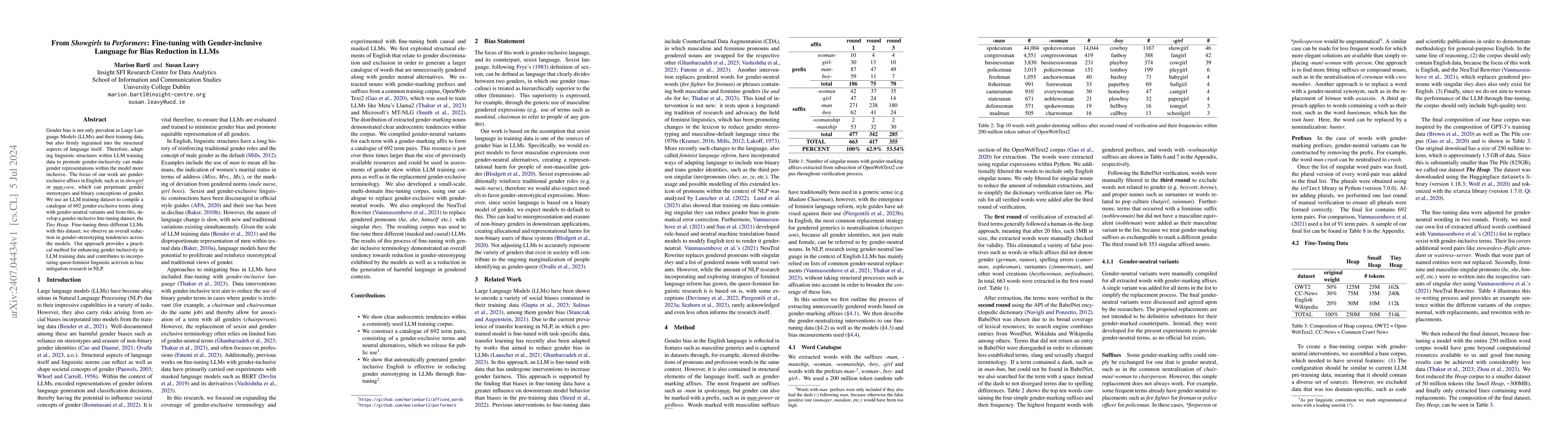 Thumbnail for From 'Showgirls' to 'Performers': Fine-tuning with Gender-inclusive
  Language for Bias Reduction in LLMs
