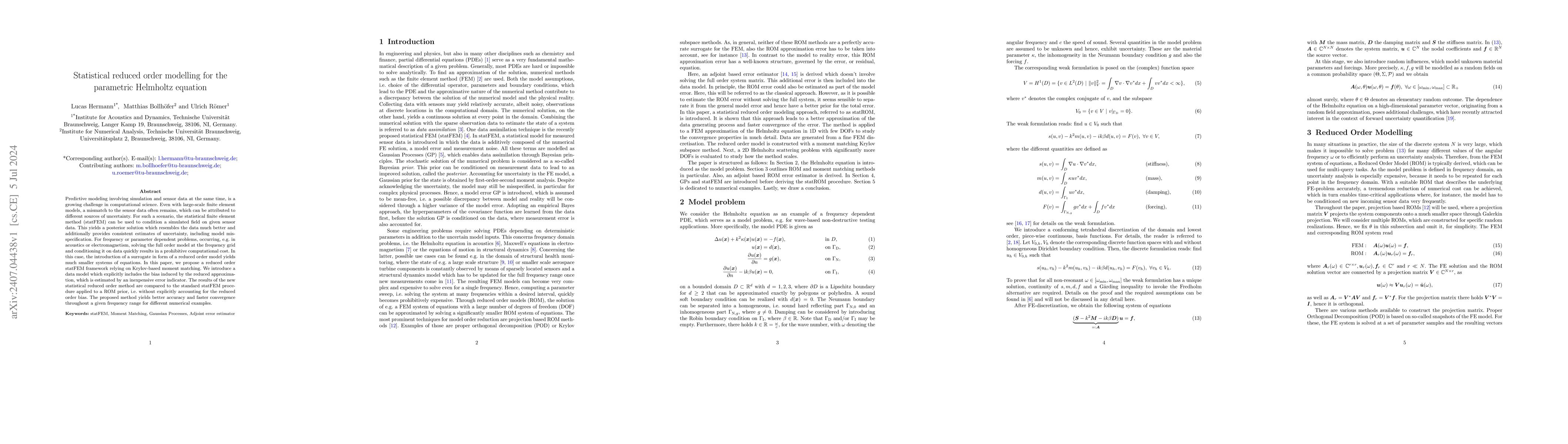 Thumbnail for Statistical reduced order modelling for the parametric Helmholtz
  equation
