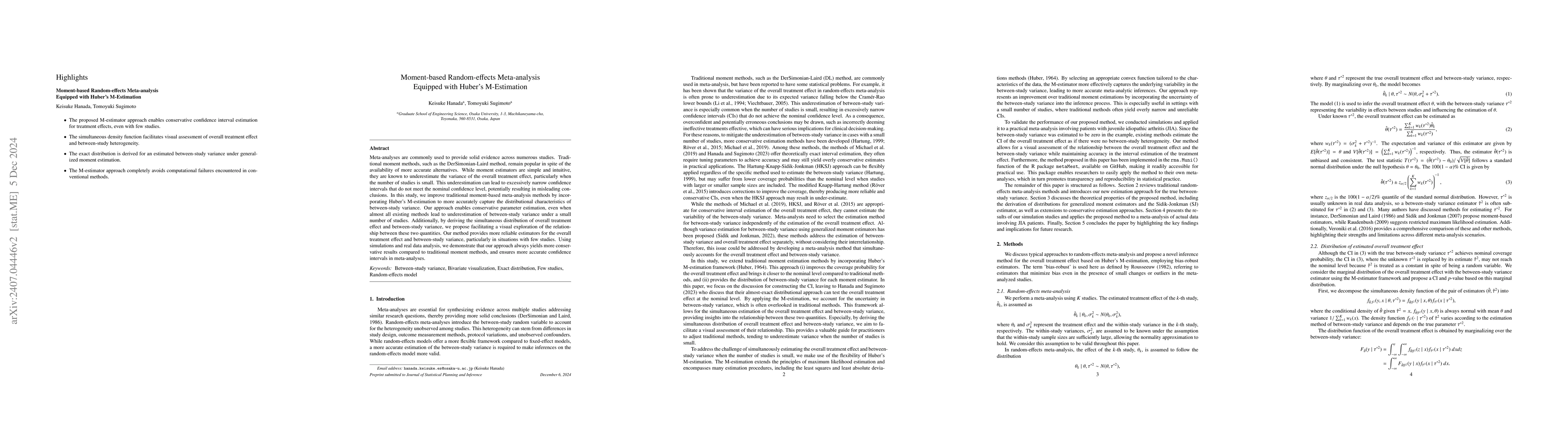 Thumbnail for Moment-based Random-effects Meta-analysis Equipped with Huber's
  M-Estimation