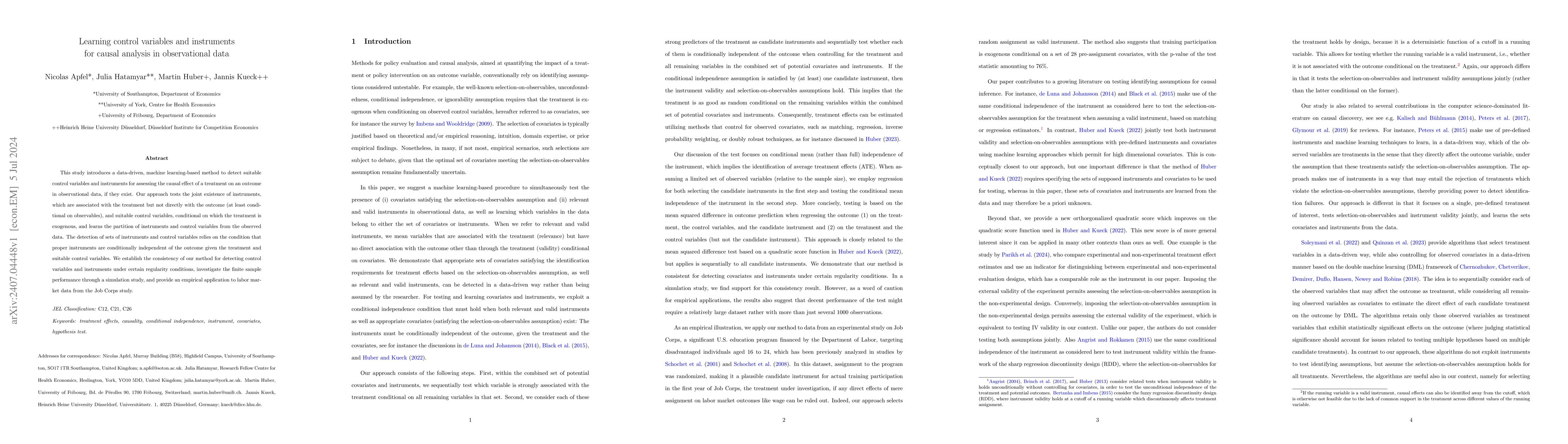 Thumbnail for Learning control variables and instruments for causal analysis in
  observational data