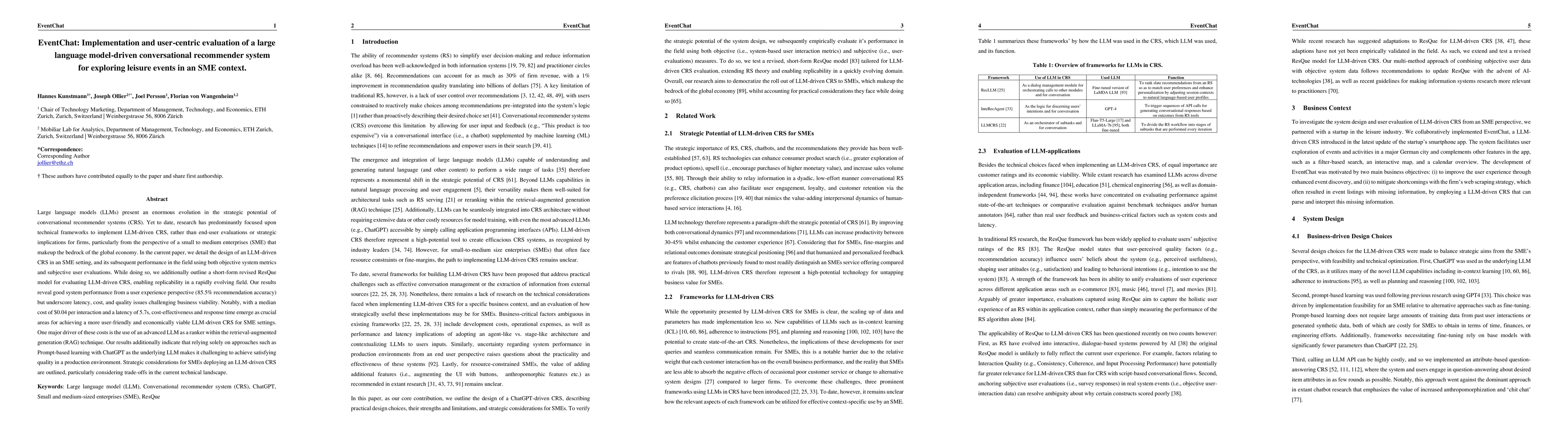 Thumbnail for EventChat: Implementation and user-centric evaluation of a large
  language model-driven conversational recommender system for exploring leisure
  events in an SME context