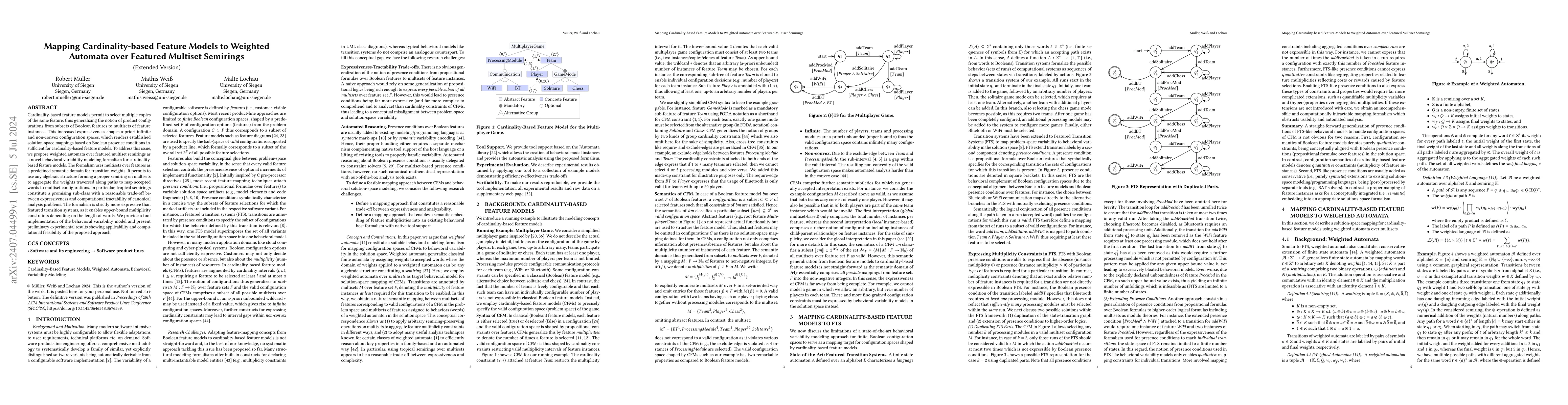 Thumbnail for Mapping Cardinality-based Feature Models to Weighted Automata over
  Featured Multiset Semirings (Extended Version)