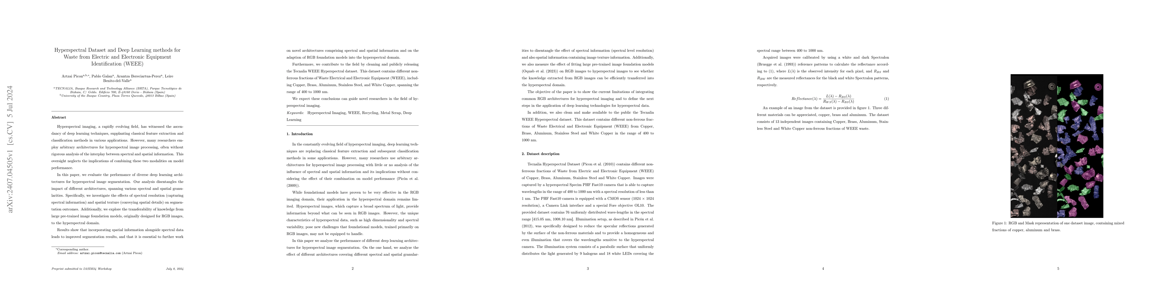 Thumbnail for Hyperspectral Dataset and Deep Learning methods for Waste from Electric
  and Electronic Equipment Identification (WEEE)