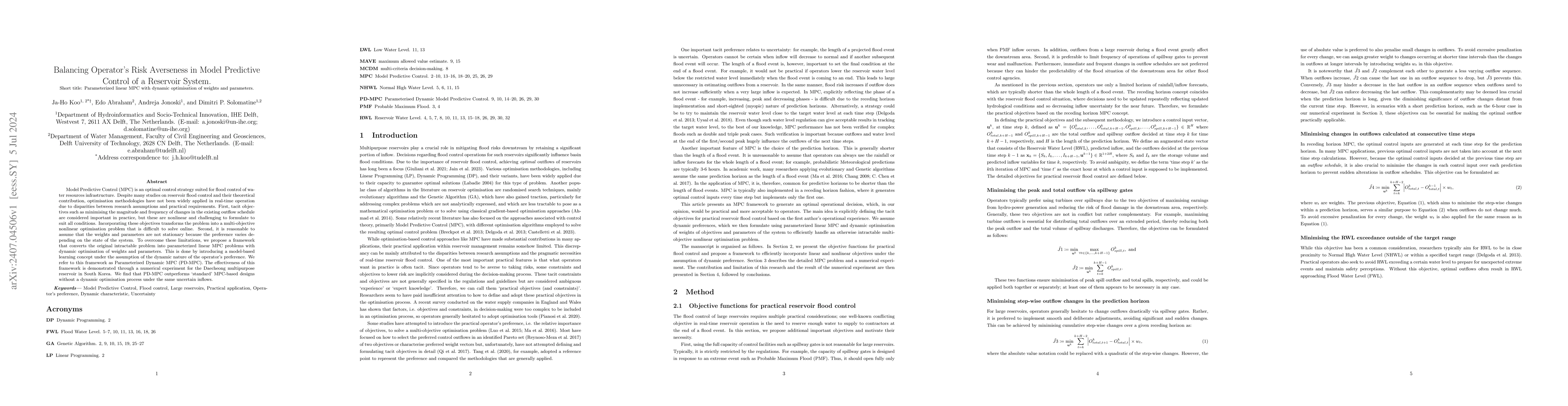 Thumbnail for Balancing Operator's Risk Averseness in Model Predictive Control of a
  Reservoir System