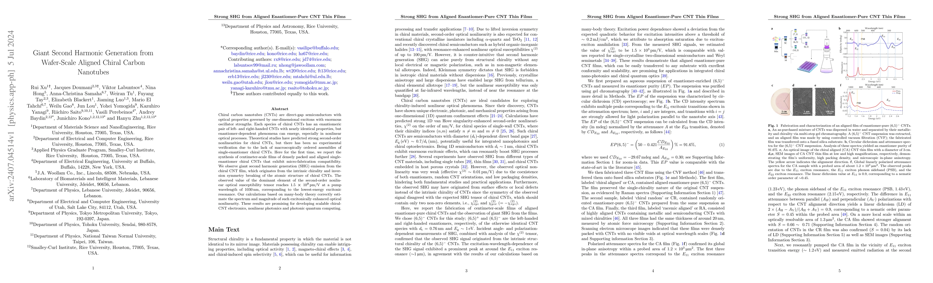 Thumbnail for Giant Second Harmonic Generation from Wafer-Scale Aligned Chiral Carbon
  Nanotubes