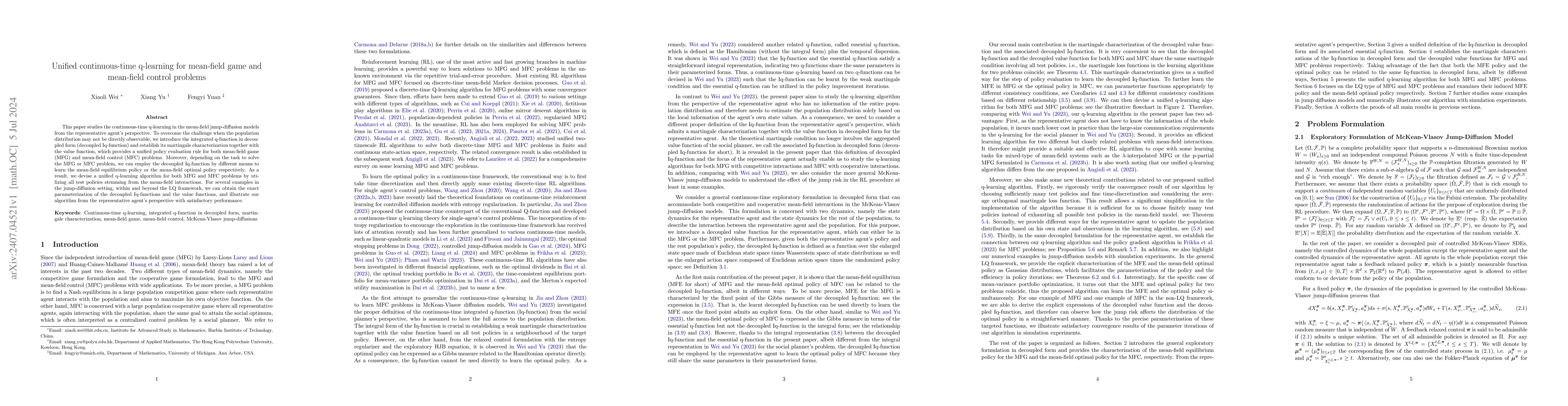 Thumbnail for Unified continuous-time q-learning for mean-field game and mean-field
  control problems
