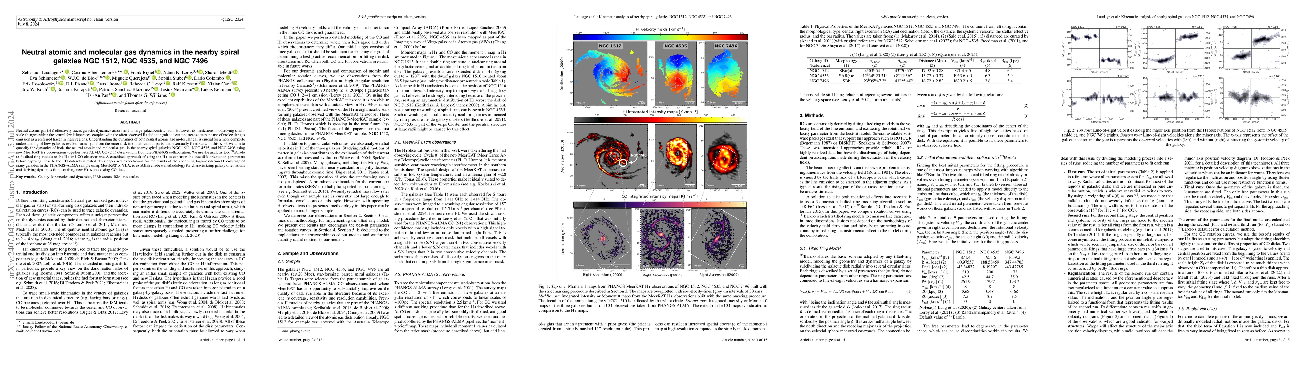 Thumbnail for Neutral atomic and molecular gas dynamics in the nearby spiral galaxies
  NGC 1512, NGC 4535, and NGC 7496