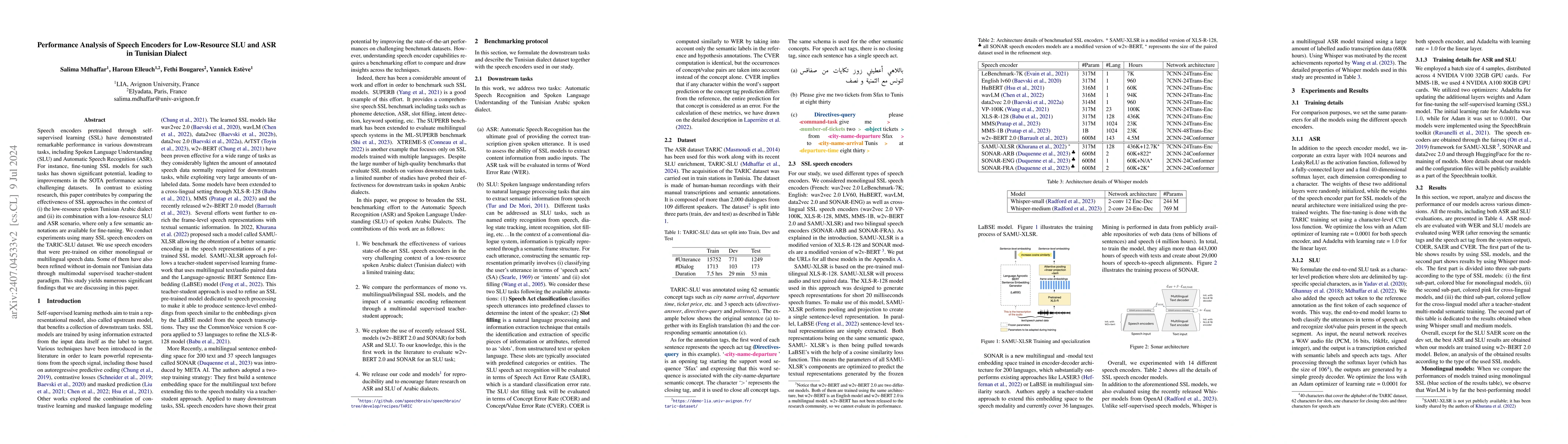 Thumbnail for Performance Analysis of Speech Encoders for Low-Resource SLU and ASR in
  Tunisian Dialect