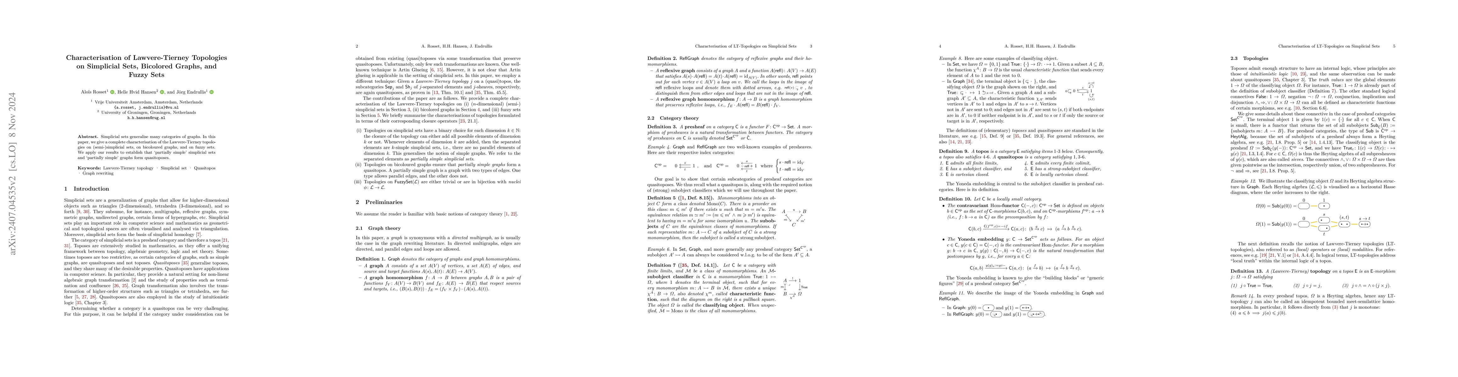 Thumbnail for Characterisation of Lawvere-Tierney Topologies on Simplicial Sets,
  Bicolored Graphs, and Fuzzy Sets