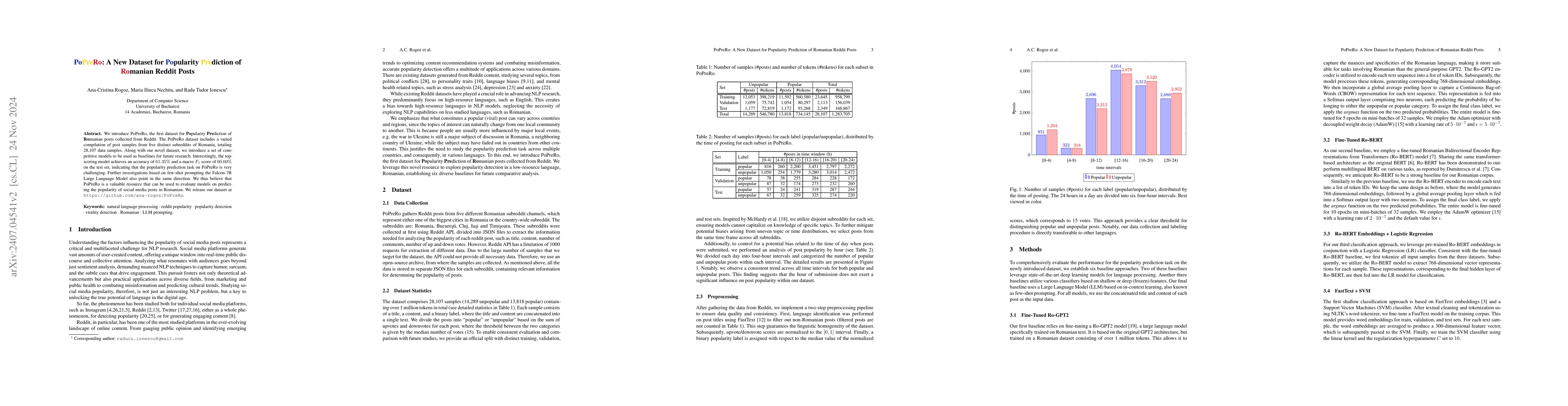 Thumbnail for PoPreRo: A New Dataset for Popularity Prediction of Romanian Reddit
  Posts