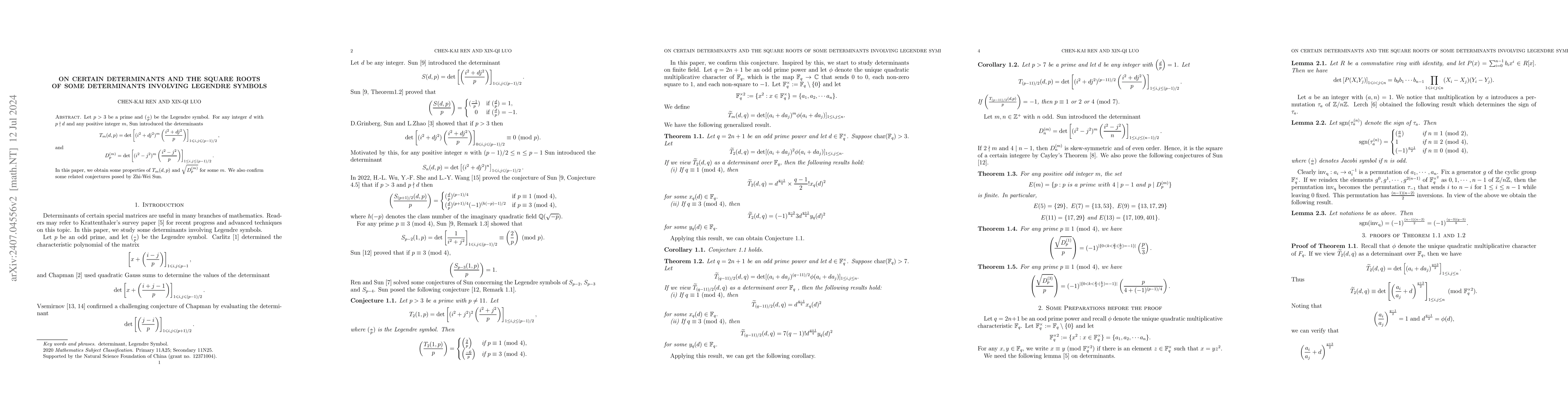 Thumbnail for On certain determinants and the square root of some determinants
  involving Legendre Symbols