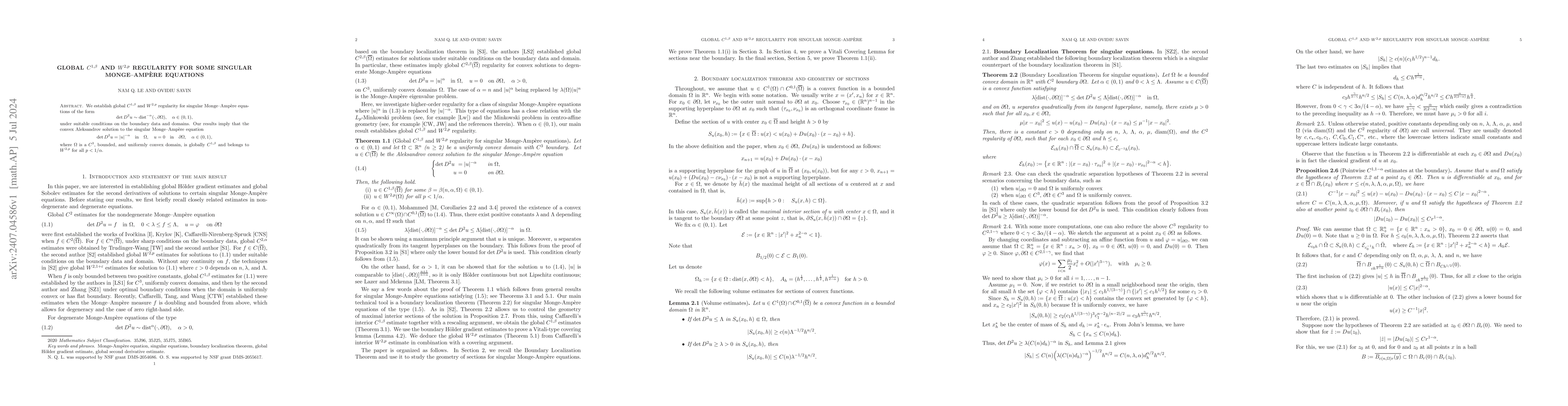 Thumbnail for Global $C^{1,β}$ and $W^{2, p}$ regularity for some singular
  Monge-Ampère equations