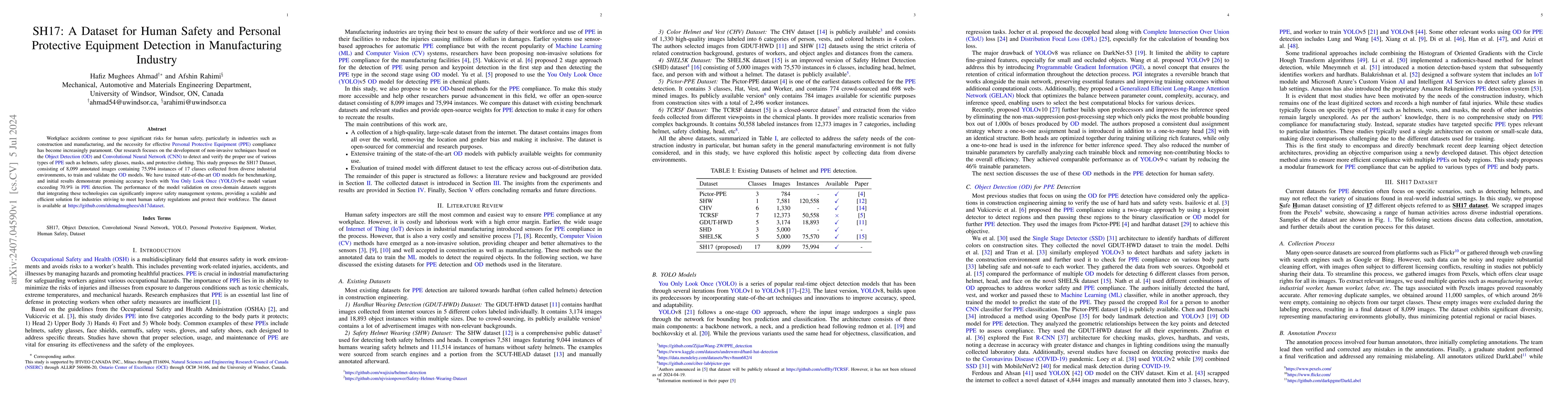 Thumbnail for SH17: A Dataset for Human Safety and Personal Protective Equipment
  Detection in Manufacturing Industry