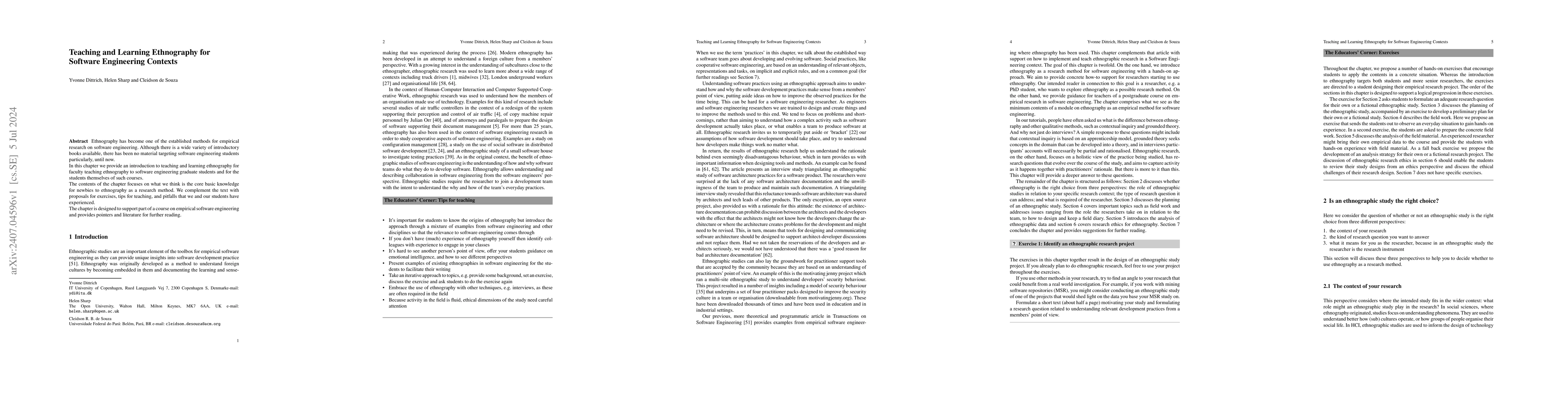 Thumbnail for Teaching and Learning Ethnography for Software Engineering Contexts