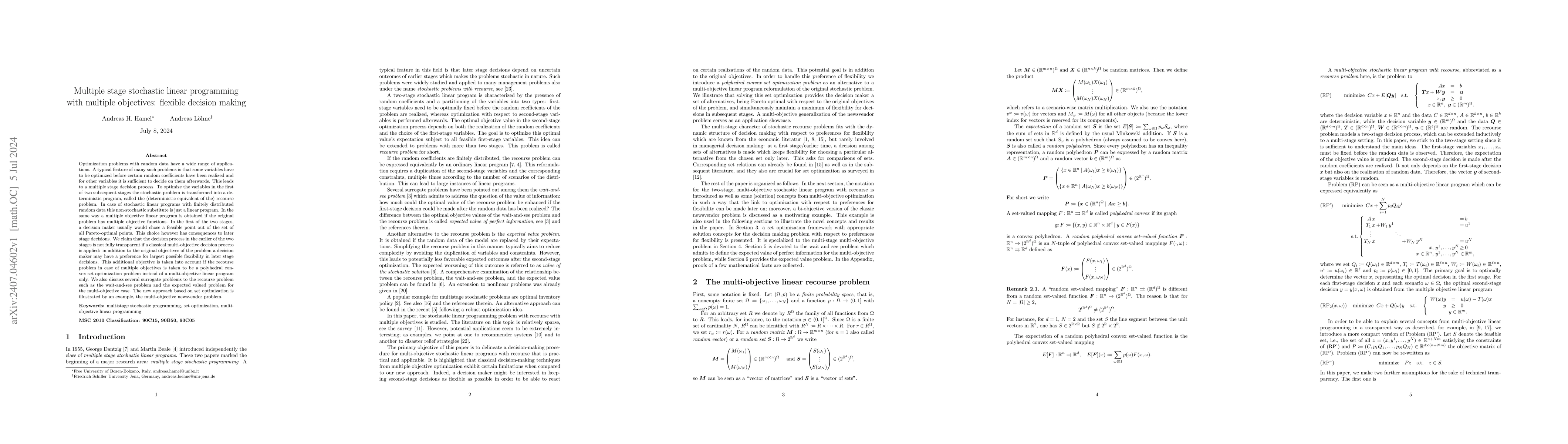 Thumbnail for Multiple stage stochastic linear programming with multiple objectives:
  flexible decision making