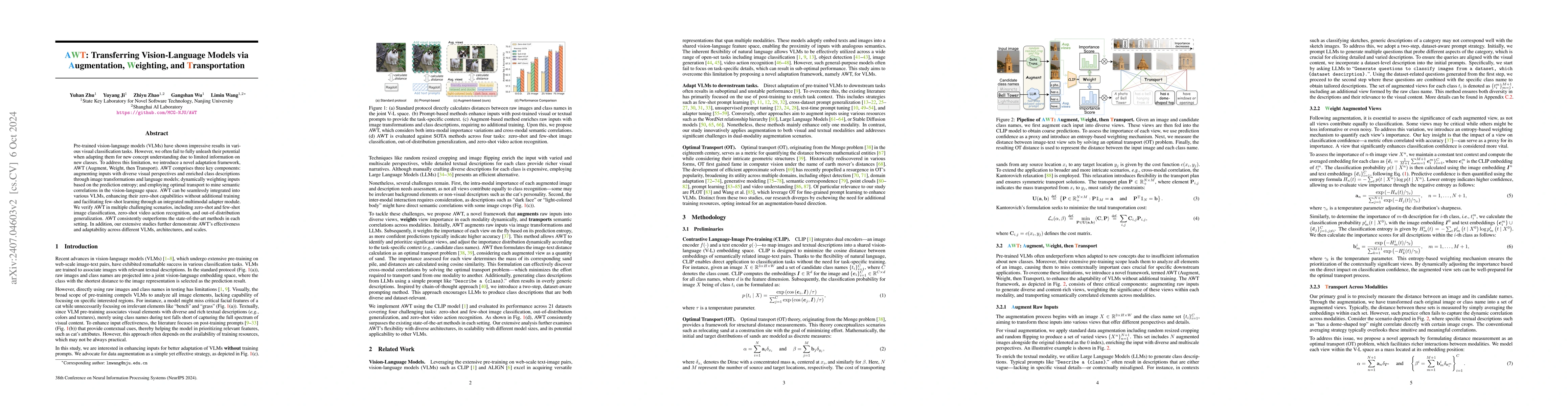 Thumbnail for AWT: Transferring Vision-Language Models via Augmentation, Weighting,
  and Transportation