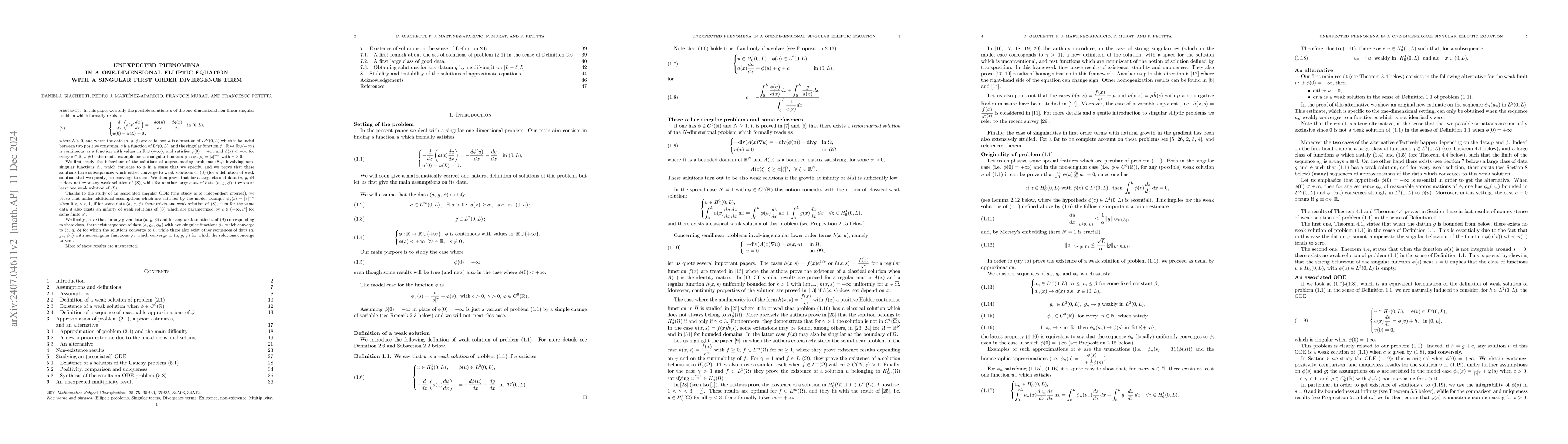 Thumbnail for Unexpected phenomena in a one dimensional elliptic equation with a
  singular first order divergence term