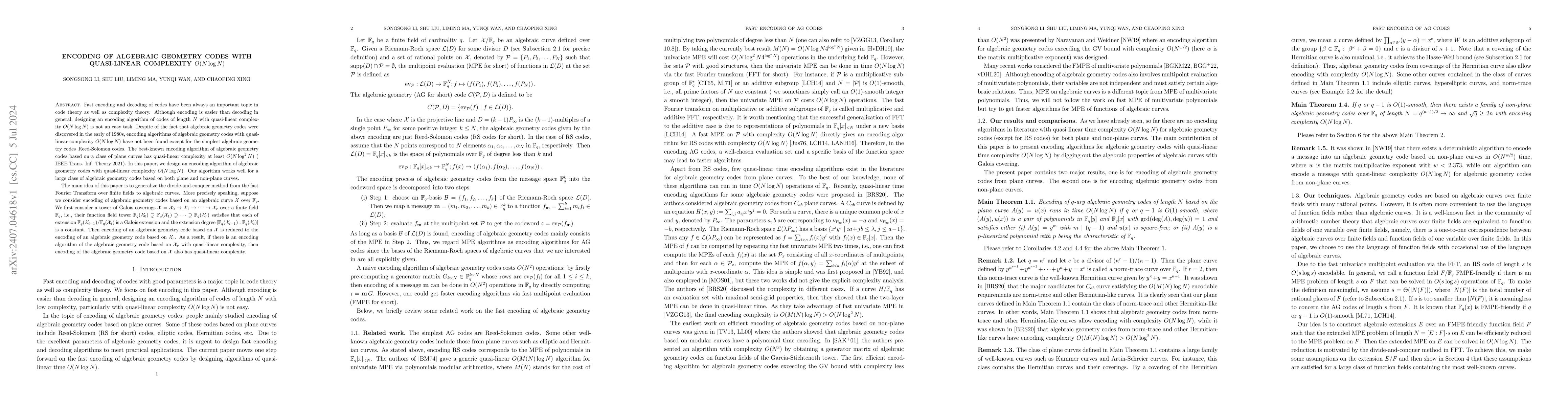 Thumbnail for Encoding of algebraic geometry codes with quasi-linear complexity
  $O(N\log N)$