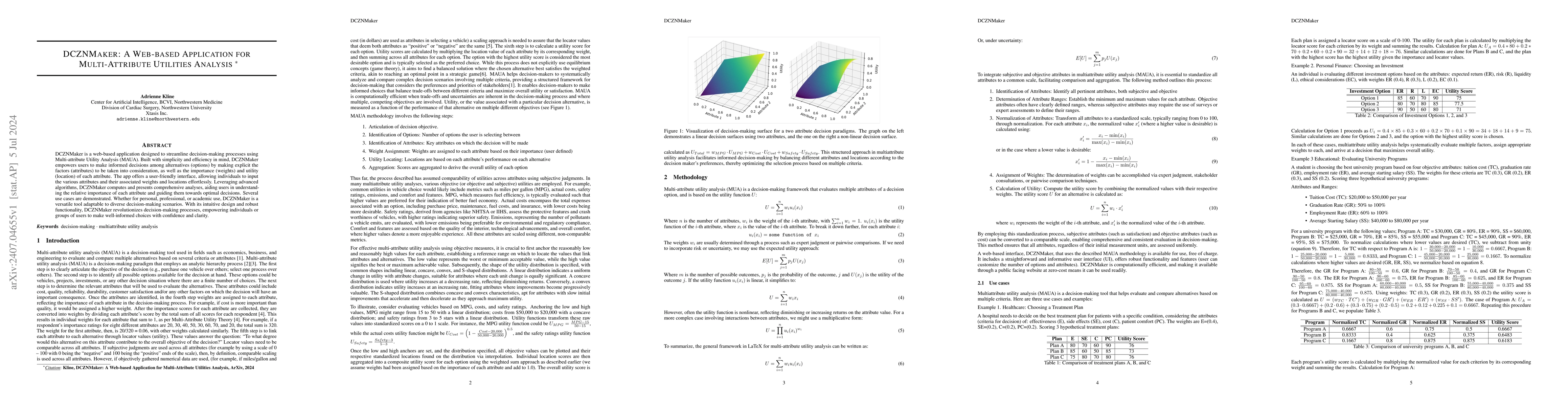 Thumbnail for DCZNMaker: A Web-based Application for Multi-Attribute Utilities
  Analysis