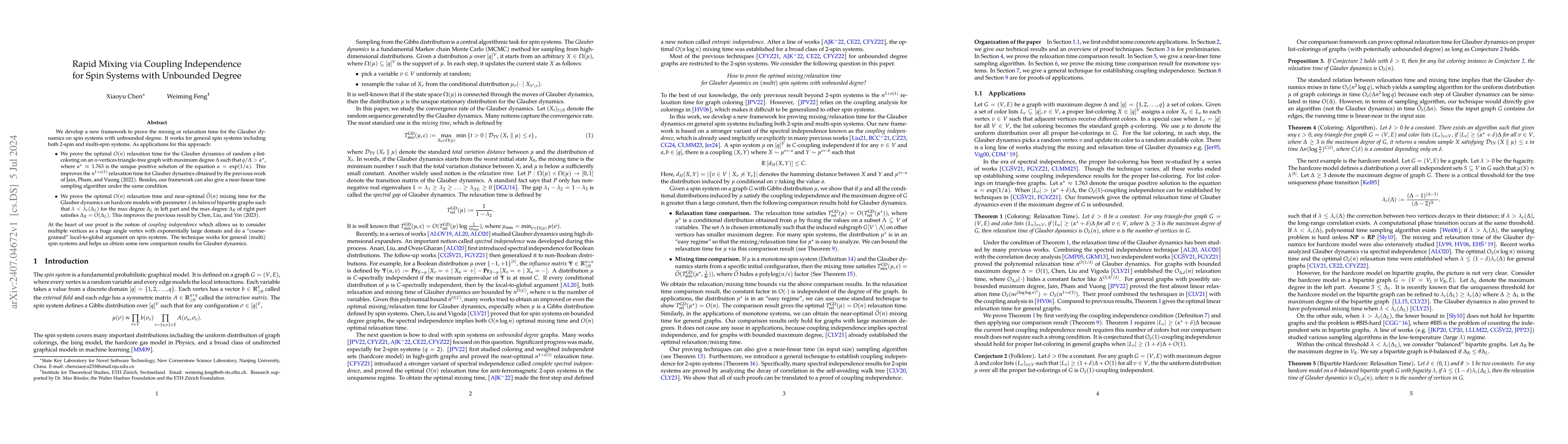Thumbnail for Rapid Mixing via Coupling Independence for Spin Systems with Unbounded
  Degree