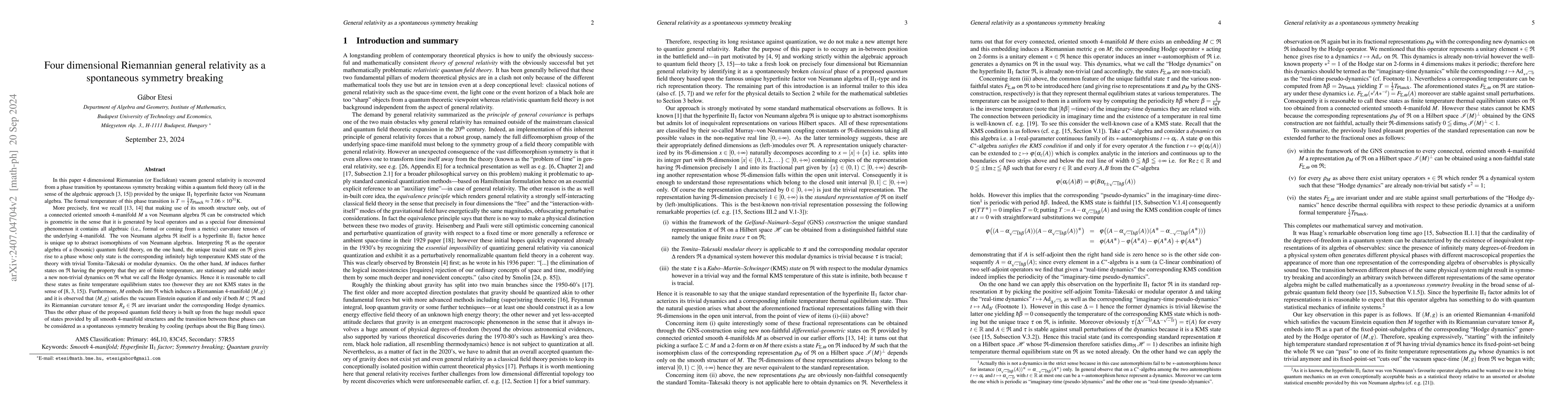 Thumbnail for Four dimensional Riemannian general relativity as a spontaneous symmetry
  breaking