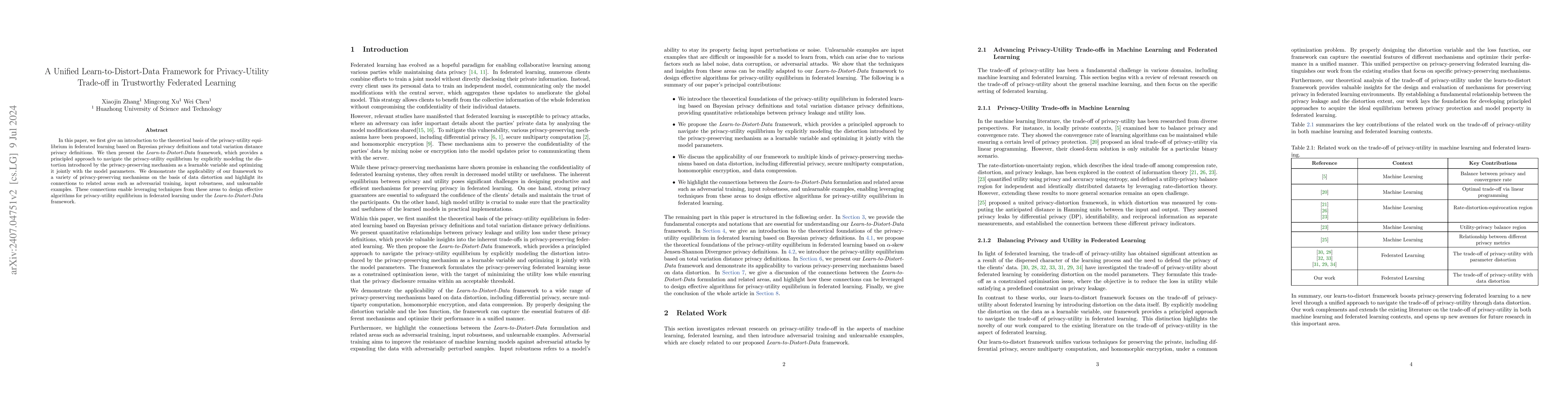 Thumbnail for A Unified Learn-to-Distort-Data Framework for Privacy-Utility Trade-off
  in Trustworthy Federated Learning