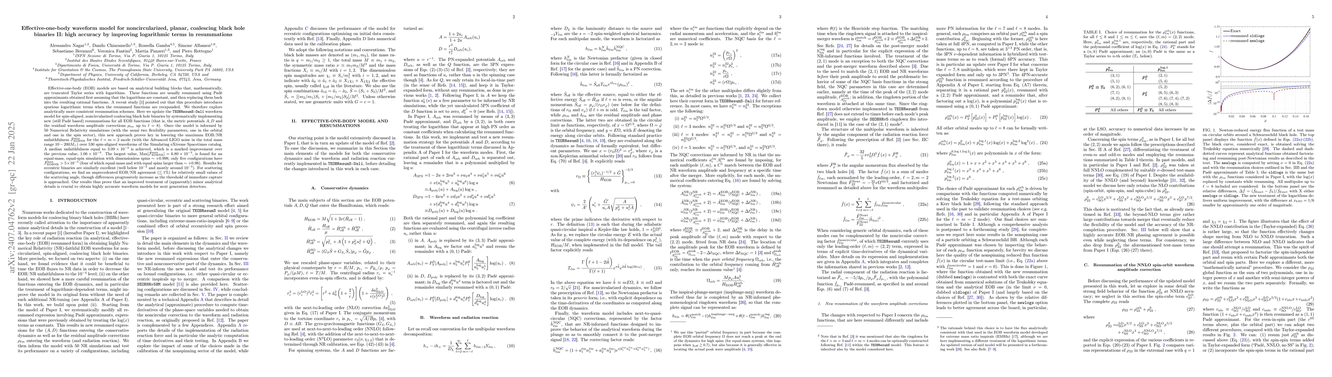 Thumbnail for Effective-one-body waveform model for noncircularized, planar,
  coalescing black hole binaries II: high accuracy by improving logarithmic
  terms in resummations
