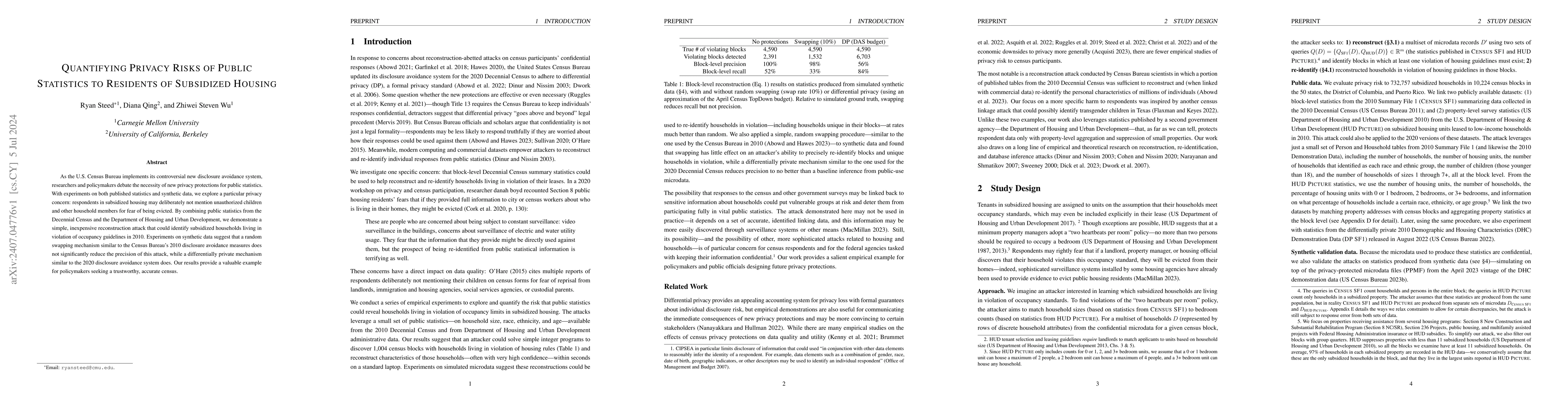 Thumbnail for Quantifying Privacy Risks of Public Statistics to Residents of
  Subsidized Housing
