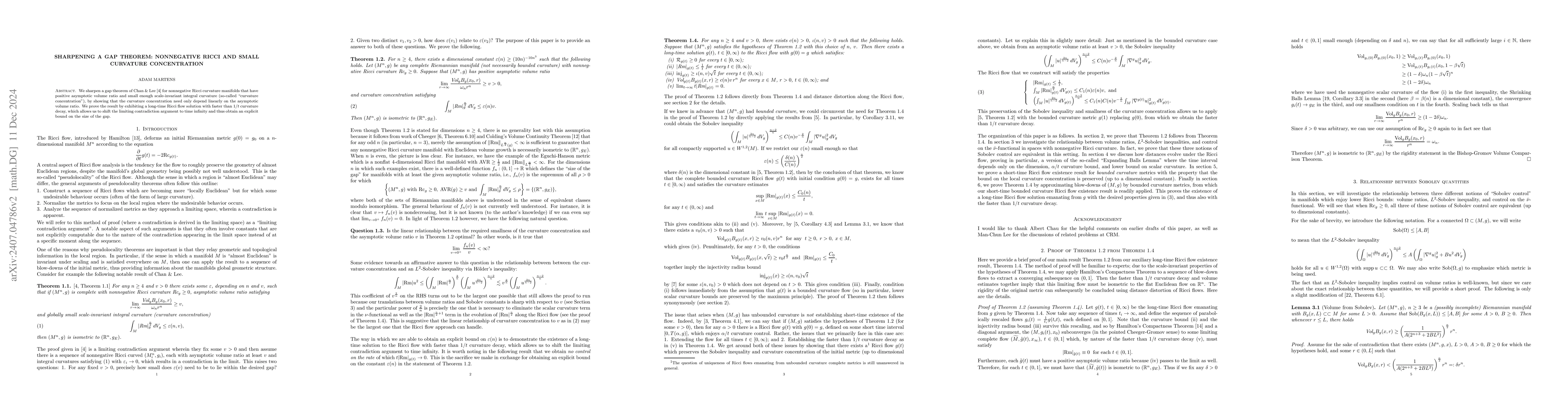 Thumbnail for Sharpening a gap theorem: nonnegative Ricci and small curvature
  concentration