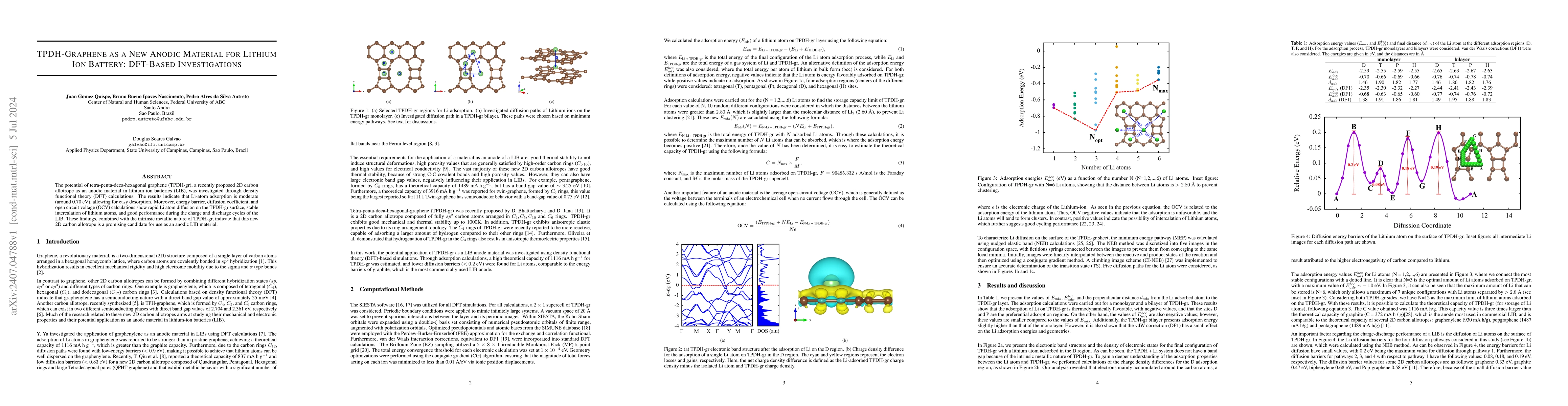 Thumbnail for TPDH-Graphene as a New Anodic Material for Lithium Ion Battery:
  DFT-Based Investigations