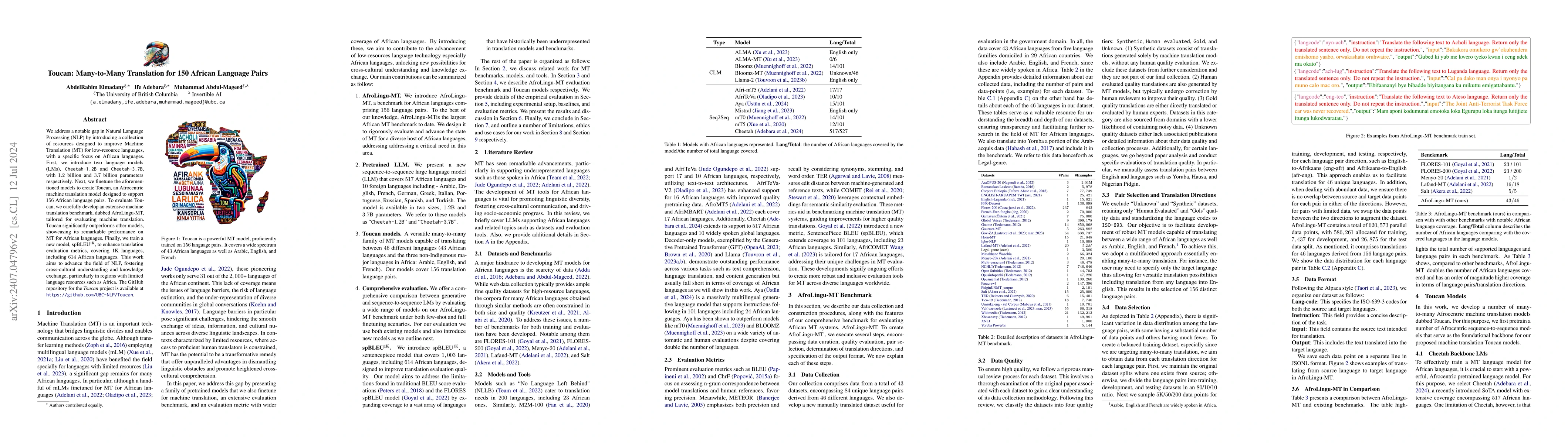 Thumbnail for Toucan: Many-to-Many Translation for 150 African Language Pairs