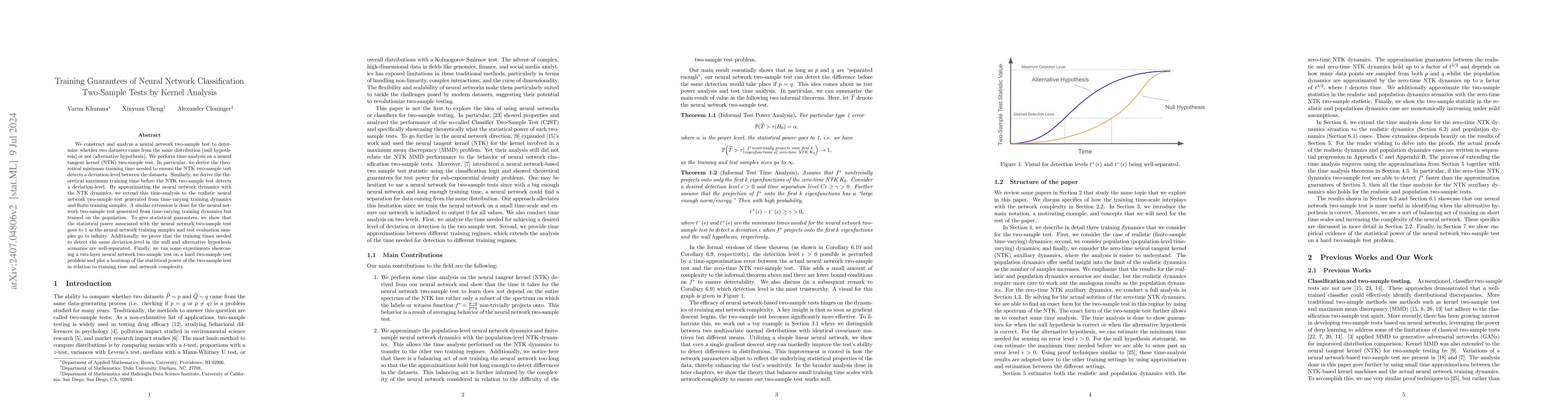 Thumbnail for Training Guarantees of Neural Network Classification Two-Sample Tests by
  Kernel Analysis