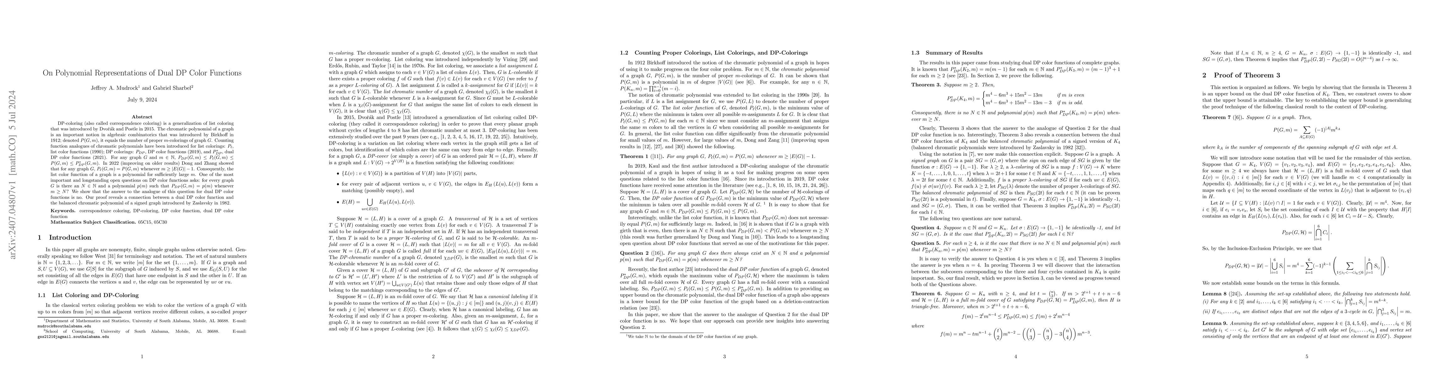Thumbnail for On Polynomial Representations of Dual DP Color Functions