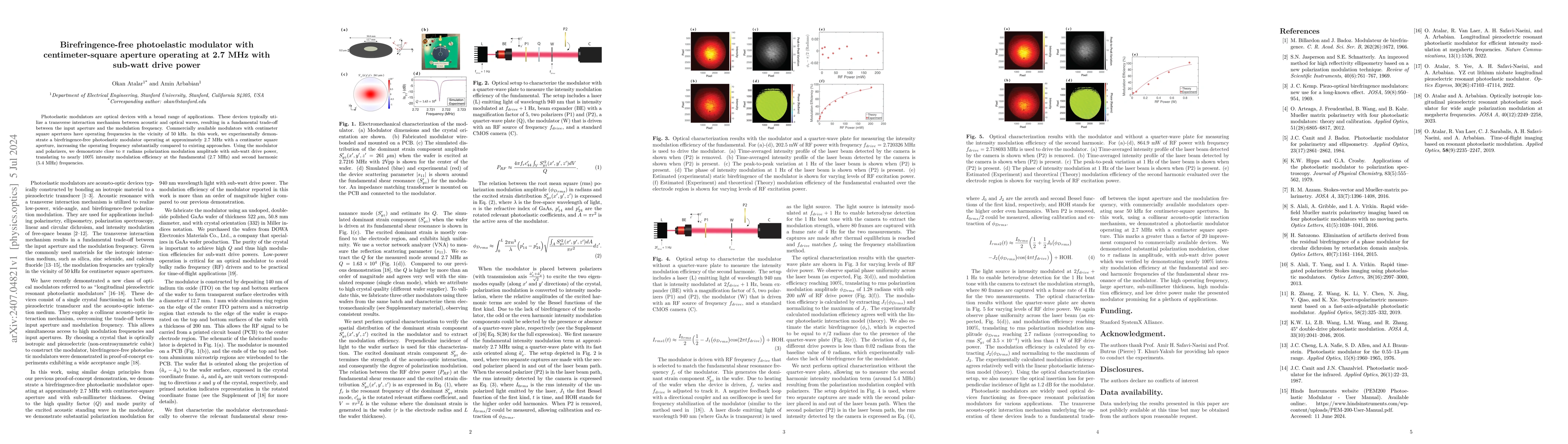 Thumbnail for Birefringence-free photoelastic modulator with centimeter-square
  aperture operating at 2.7 MHz with sub-watt drive power