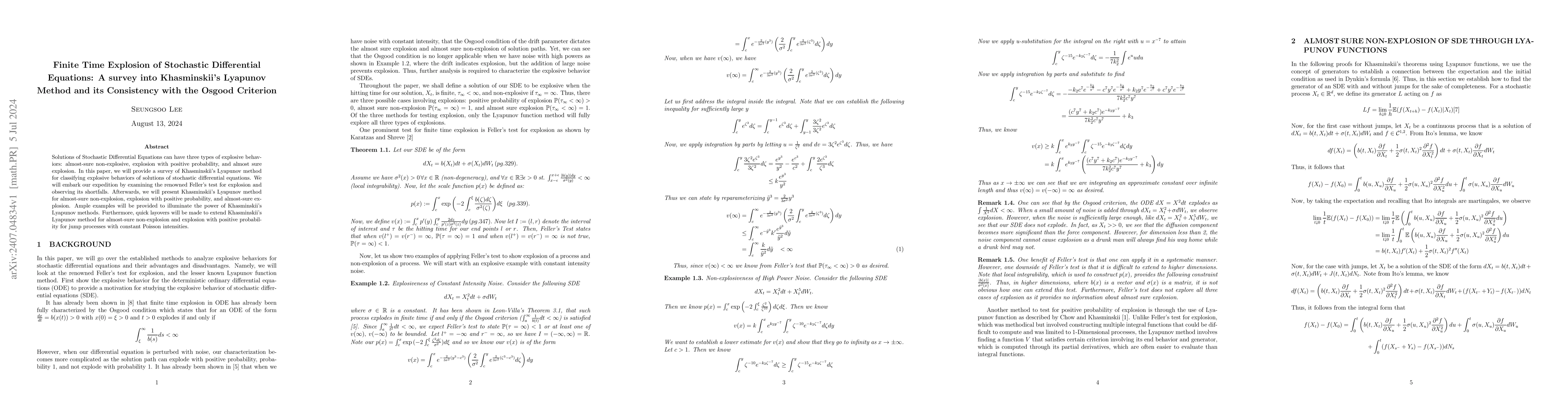 Thumbnail for Finite Time Explosion of Stochastic Differential Equations: A survey
  into Khasminskii's Lyapunov Method and its Consistency with the Osgood
  Criterion