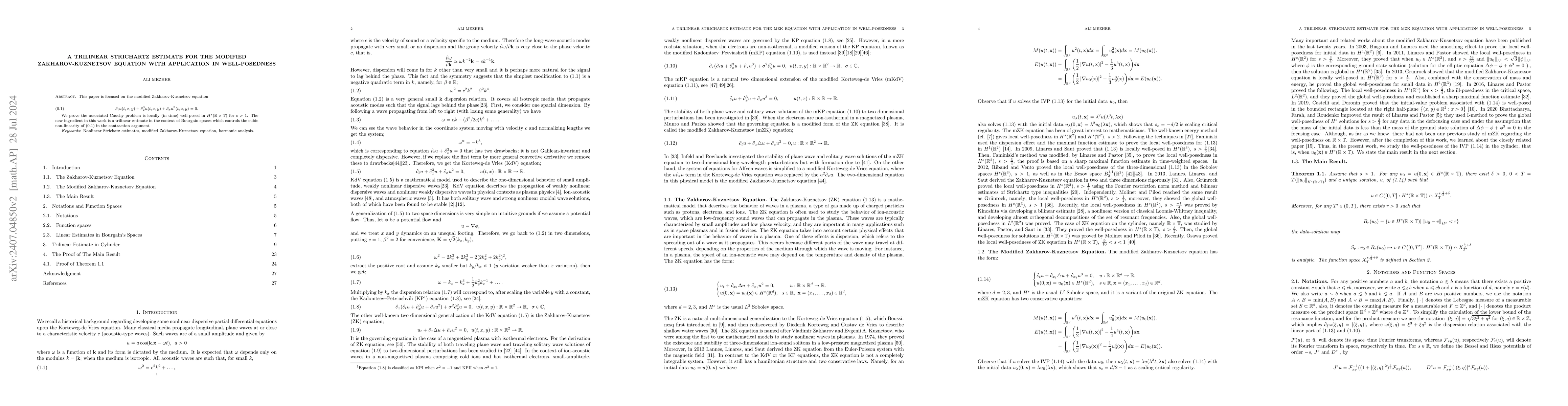Thumbnail for A Trilinear Strichartz estimate for the modified Zakharov-Kuznetsov
  equation with application in well-posedness