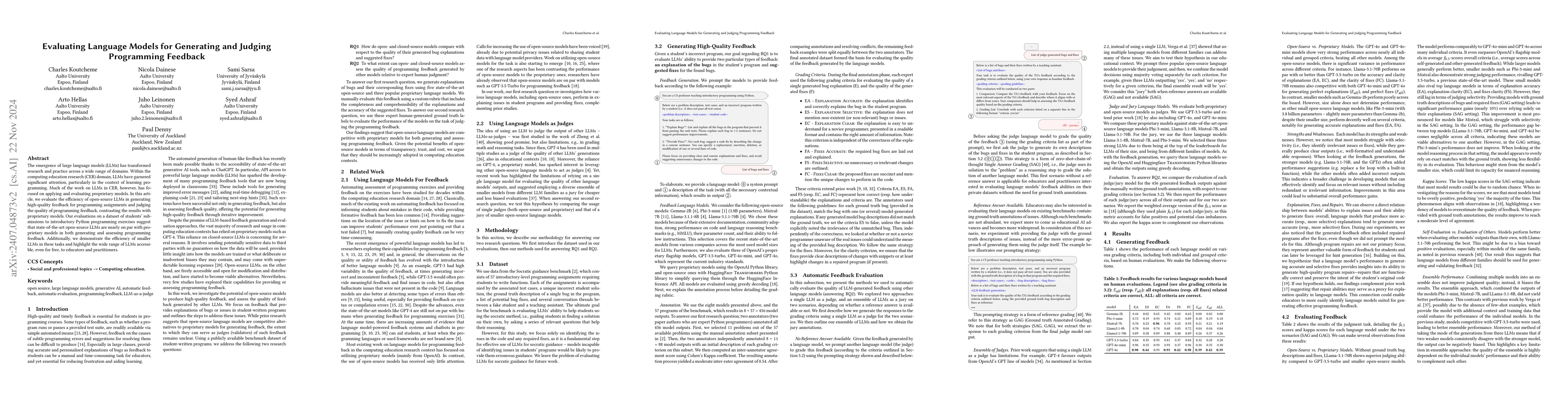 Thumbnail for Evaluating Language Models for Generating and Judging Programming
  Feedback